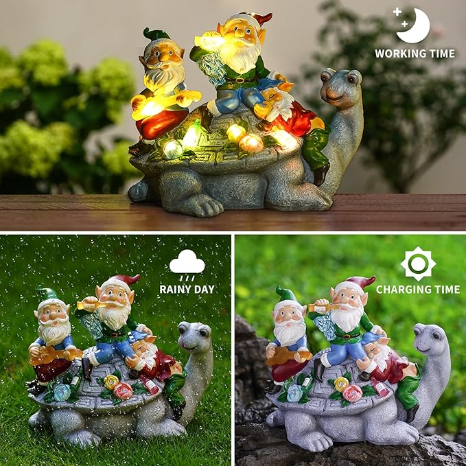 Upgraded Size Solar Garden Outdoor Statues Gnome Turtle Three Gnomes Having Party on Turtle with 7 LED Lawn Decor Outside Decorations for Patio, Balcony, Yard Ornament Unique Garden Gift