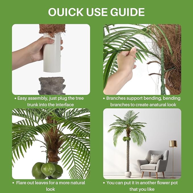 Artificial Phoenix Palm Tree with Coconut Fruit Outdoor Indoor Decor Large Faux Coconut Silk Palm Tree Tropical Fake Tree Large Faux Sago Palm Plant for Home Yard Outside (8 FT)