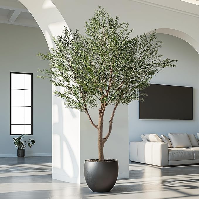 Erimda 11.5FT Artificial Olive Tree Tall Faux Silk Plant Tall Faux Olive Tree with Natural Wood Trunk & Lifelike Fruits Fake Potted Tree or Home Office Decor