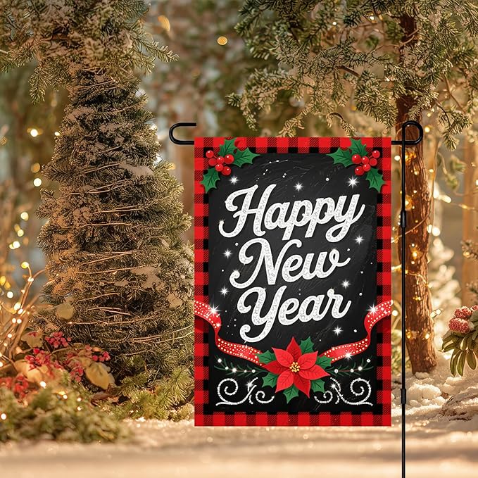 Happy New Year Garden Flag 12x18 Inch Double Sided Plaid Banner Outdoor Yard Decoration with Holly Berry and Poinsettia for Home Lawn Porch Seasonal Holiday Garden Flags