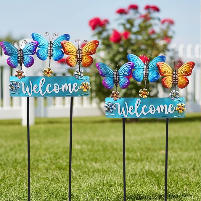 Large Butterfly Garden Stakes 42.1inch with Welcome Sign and Flowers, Butterfly Garden Decor Metal Yard Art for Spring, Lawn Ornaments, Pathway, Outdoor Summer Decorations
