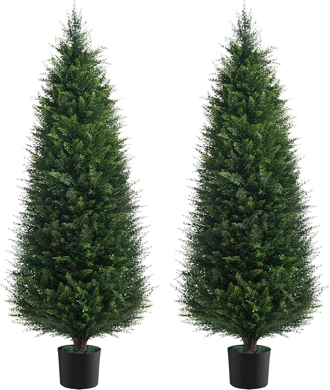 Chillchard Two 4ft Artificial Plants Topairy Faux Cedar Trees for Outdoor Planters, 48IN Tall Fake Pine Bushes UV Resistant Large Potted Shrubs for Front Porch Décor