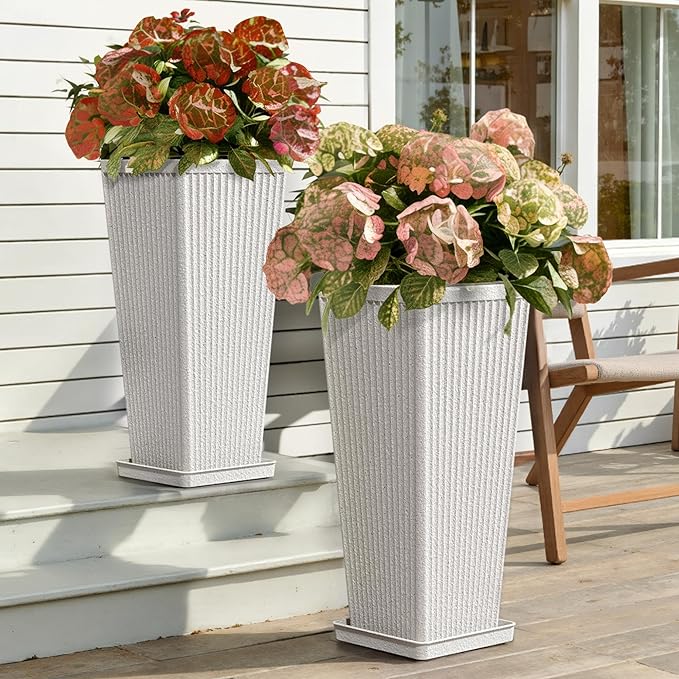 Trygoal Square Tall Planters for Outdoor Plants Set of 2-23.6" Heavy-Duty Classic Tapered Indoor Flower Pots with Drainage Holes/Partition/Tray, Large Outdoor Planters for Porch Patio Garden, White