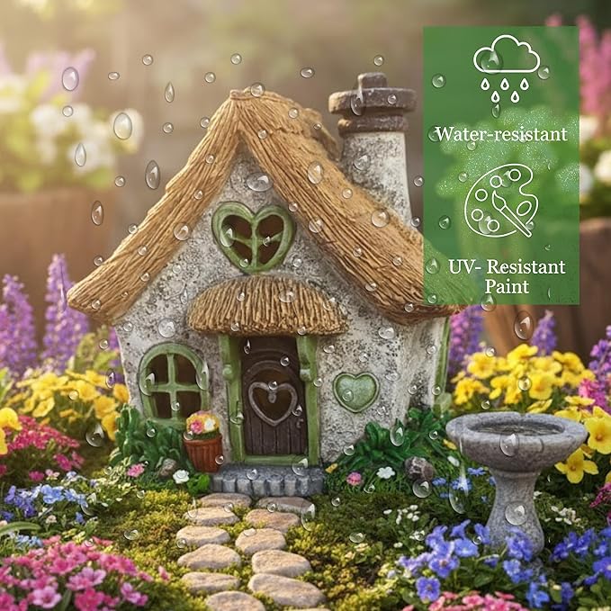 PRETMANNS Fairy House for Outside with Solar Powered LED Lights for Garden - Fairy Garden Houses for Outdoor - Miniature Accessories for Cottage Decor for Village - 7.56” High, Green
