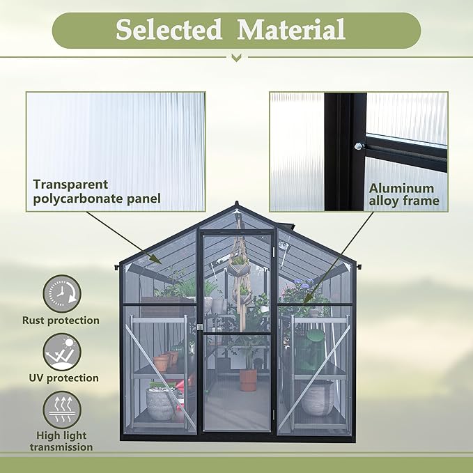 Favfurish 6x12 FT Greenhouses for Outdoors,Heavy Duty Polycarbonate Greenhouse,Lockable Walk-in Green House Sunroom w/ Roof Vent,Aluminum Hot House for Garden Plants Backyard Patio,Black