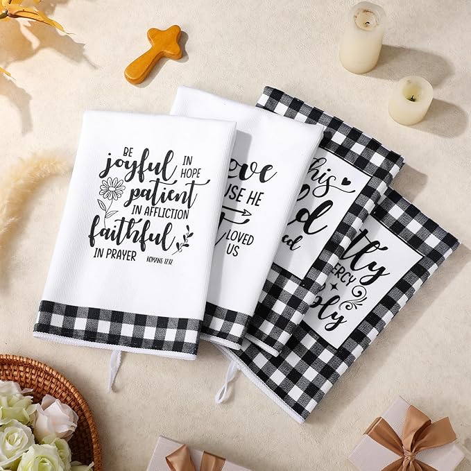 Hahafelt 8 Pc Religious Christian Kitchen Dish Towel Black and White Check Cleaning Dishcloth Towels Bathroom Home for Christian Gift for Men Women Housewarming