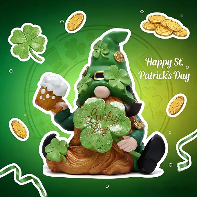 Hodao Green St Patrick‘s Day Handmade Gnome 6" H Resin Standing Figurine for Spring-Irish Gnome Elf Scandinavian Yule Nordic Figurine Home Holiday Decorations Indoor Home Decor Green Gnome (Green)