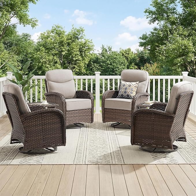 Outdoor Swivel Rocking Chair Patio Set (6PCS), High-Back - Thick Cushion Swivel Rocking Chair Patio Set, All-Weather Wicker Patio Furniture Set, Suitable for Balcony Patios, Brown/Beige