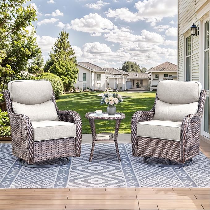 HUMMUH 3PCS Patio Furniture Set with 6-inch Thick Cushion, High Back Outdoor Swivel Rocker Patio Chairs, Wicker Conversation Set for Porch Deck and Poolside(V3)