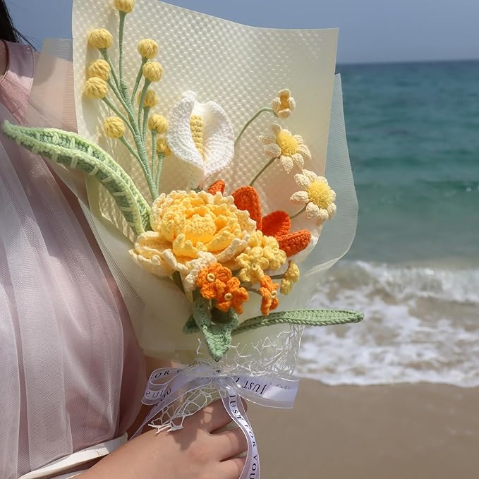 YOOJEE Crochet Flower Bouquet Golden Peonies Tulip - Retirement, Birthday, Christmas Gift - Eco-Friendly Hypoallergenic Florals Handmade by Artisan Moms
