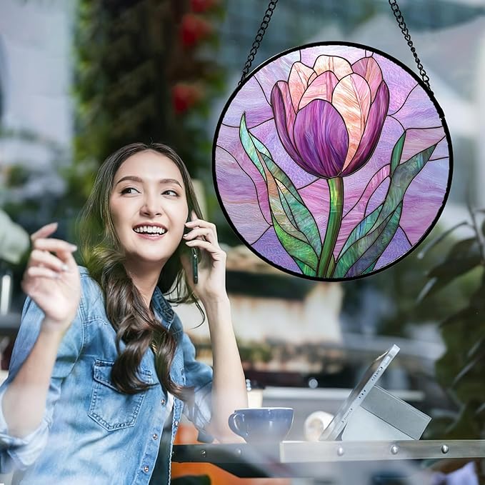 Stained Glass Window Hanging Purple Tulips Flower 7.8" - Suncatcher Door Garden Sun Catcher Home Decor Birthday Mother's Day for Mom Men Woman Parents Her Nana Friend
