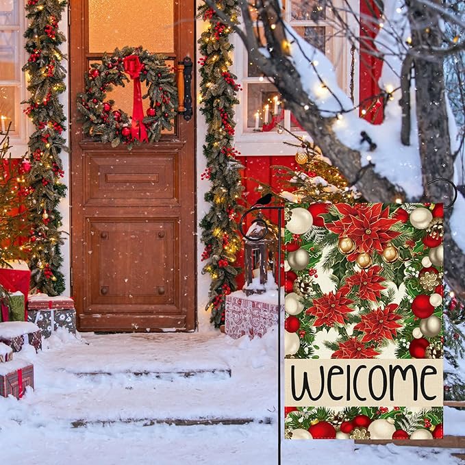 Welcome Garden Flag Christmas Bells Poinsettia Pine Trees Xmas Winter Yard Flag 12x18 Inch Double Sided Small Mini Yard Outdoor Outside Holiday Party Decoration