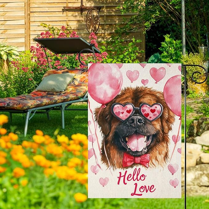 Valentine's Day Tibetan Mastiff Hello Love Garden Flag, House Yard Plaid Love Heart Outside Decoration, Spring Holiday Wedding Anniversary Outdoor Small Decor 12x18(12649)