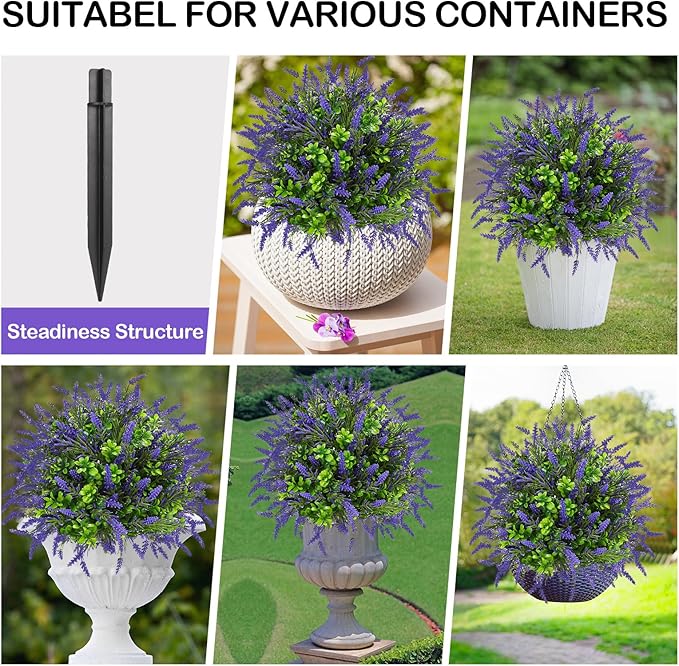 ENVEN Artificial Topiary Lavender Ball Tree Outdoor Plants with Ground Spike 22"- UV Resistant Faux Shrubs, Eucalyptus Fake Plants for Indoor & Garden, Yard, Porch, Patio Decor