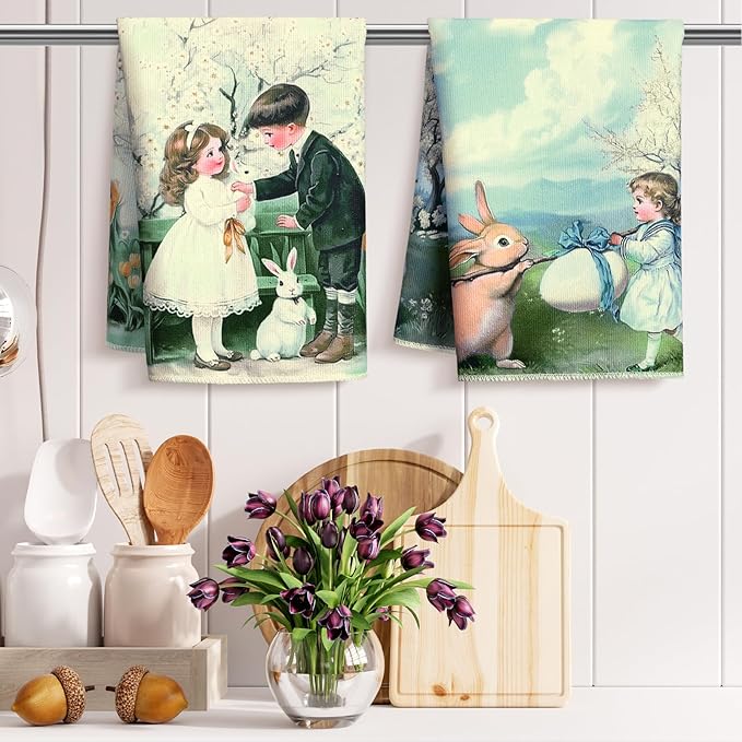 Bencailor 16 Pcs Spring Easter Kitchen Towels Bulk Bunny Chicken Dish Hand Towels Ultrafine Fiber Absorbent Vintage Rustic Tea Cloths for Spring Easter Kitchen Bathroom Decor Gifts, 16 x 24 Inch