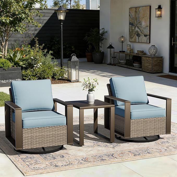 Joyside Outdoor Patio Swivel Rocker Chairs, 3 Pieces Wicker Furniture Set, 2 Swivel Rocking Chairs and 1 Table, Metal Wide Armrest, Thick Cushions and Deep Seating for Garden, Backyard, Porch, Deck