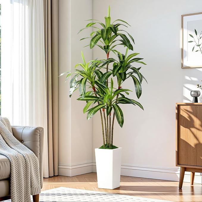 Alupssuc Artificial Dracaena Fake Tree 6FT, White High Pot Artificial Plants Indoor&Outdoor, Fake Plants for Office/Home/Living Room Potted Decoration, 6ft