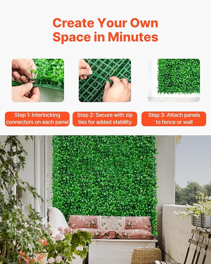 VEVOR Artificial Boxwood Panels 8pcs, 24 x 16 in Boxwood Hedge Wall Panel Artificial Grass Backdrop, 1.6 in Green Fake Grass Wall for Privacy Fence Decor Indoor Outdoor Garden Backyard