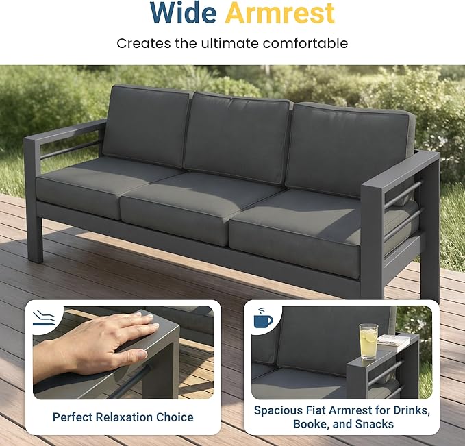 Wisteria Lane Aluminum Patio Furniture Set for All Weather, Oversized Metal Outdoor Furniture Set with 27.5" Deep Seat and 10" Back Cushion, Patio Conversation Sets with Wide armrest, Dark Grey