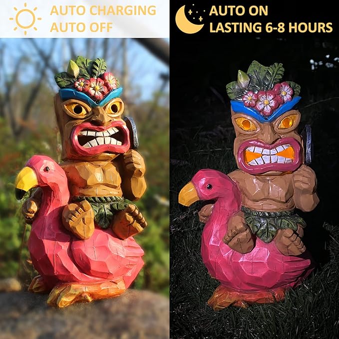 Tiki Outdoor Statue with Flamingos Decor - Solar Powered Garden Figurine Tiki Art for Tiki Bar,Backyard,Garden,Yard,Flowerbed,Walkway,Patio,Lawn,Porch Decorations,Gifts