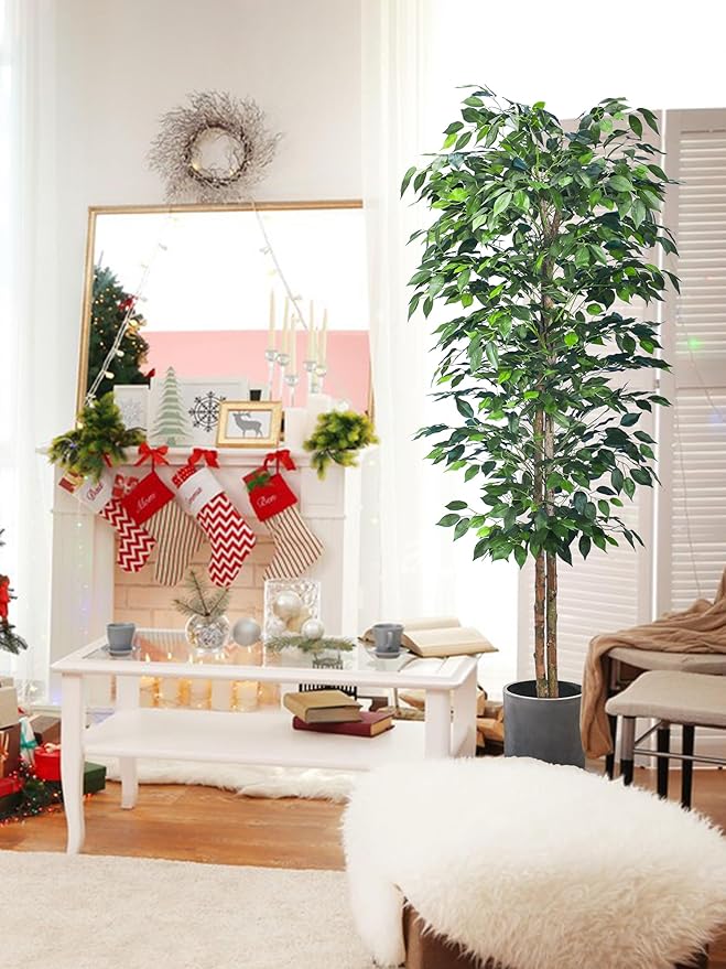 HAIHONG 1Pack 6FT Artificial Ficus Tree with Realistic Leaves and Natural Trunk, Faux Ficus Tree with Sturdy Plastic Nursery Pot, Fake Ficus Tree for Office Home Farmhouse for Indoor Outdoor Decor