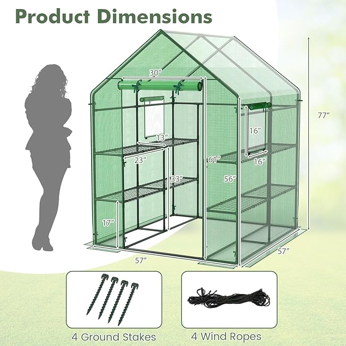 Happygrill Greenhouse for Outdoors, Portable Green House w/8 Shelves, Roll-Up Zippered Door, 2 Observation Windows & 2 Tiers, PE Cover, Wind Rope, Walk-in Greenhouse for Outside, 57”L x 57”W x 77”H