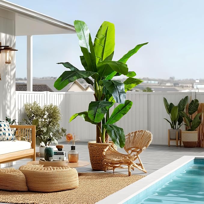 Artificial Banana Tree 6ft, Faux Tropical Palm Tree Plant with Realistic Leaves, Low Maintenance Indoor Outdoor Decor for Home Office Porch, in Nursery Pot