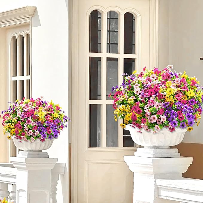 Elyum Artificial Flowers for Outdoors, 48 Bundles Artificial Flowers for Decoration, UV Resistant Fake Outdoor Flowers Artificial Plants for Outside Garden Porch Patio Yard Decor