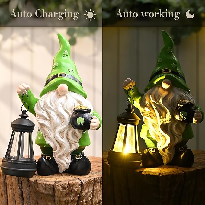 TERESA'S COLLECTIONS St Patricks Decorations for Outdoor Decor, Resin Garden Gnome Holding Lantern with Solar Lights for Porch,Shamrock Leprechaun Figurine for Outside, Irish Gifts for Home,10"