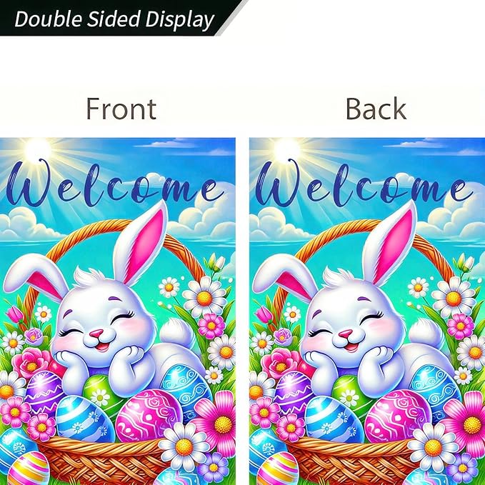 Happy Easter Bunny Garden Flag 12x18 Double Sided Sleepy Bunny Easter Egg Rabbit Easter Garden Flag Outdoor Flag Seasonal Decors for Spring Farmhouse Holiday Yard Outside Decorative Banner