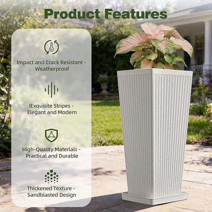 Trygoal Square Tall Planters for Outdoor Plants Set of 2-23.6" Heavy-Duty Classic Tapered Indoor Flower Pots with Drainage Holes/Partition/Tray, Large Outdoor Planters for Porch Patio Garden, White