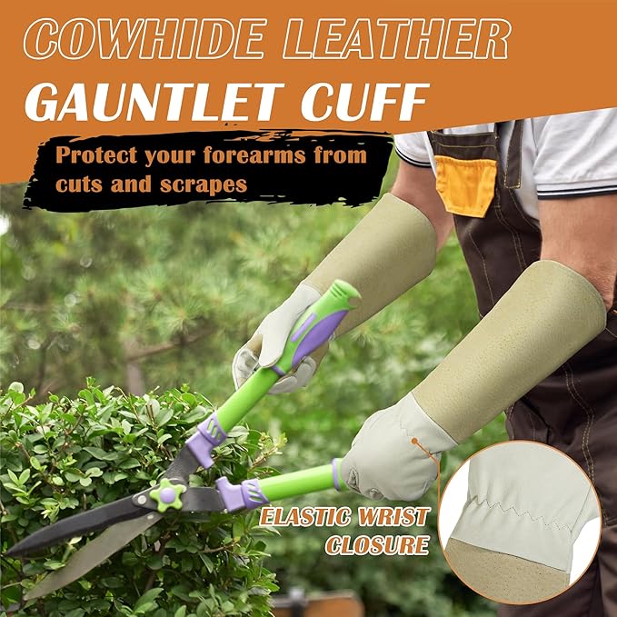 HANDLANDY Rose Pruning Gloves for Men & Women, Long Thorn Proof Gardening Gloves, Breathable Pigskin Leather Gauntlet, Best Garden Gifts & Tools for Gardener (Pack of 2)