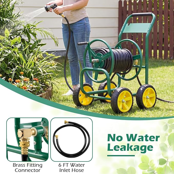 Garden Hose Reel Cart, Mobile Water Hose Cart with Heavy-duty Metal Frame & 4 Solid Wheels, Hold up to 330 ft of 5/8" Hoses, Outdoor Planting Tool for Lawn & Backyard (Green)