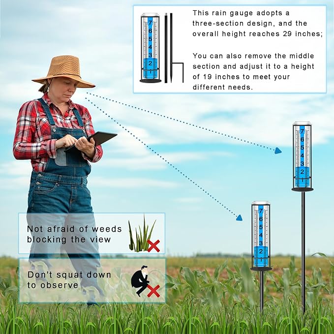 Rain Gauge Outdoor, Upgraded Rain Gauges Outdoors Best Rated,Accurate Rain Measure Gauge for Yard,Adjustable Height Rainfall Meter,Rain Gauge Outdoor Freeze Proof,Rain Measuring Tool,Easy to Read