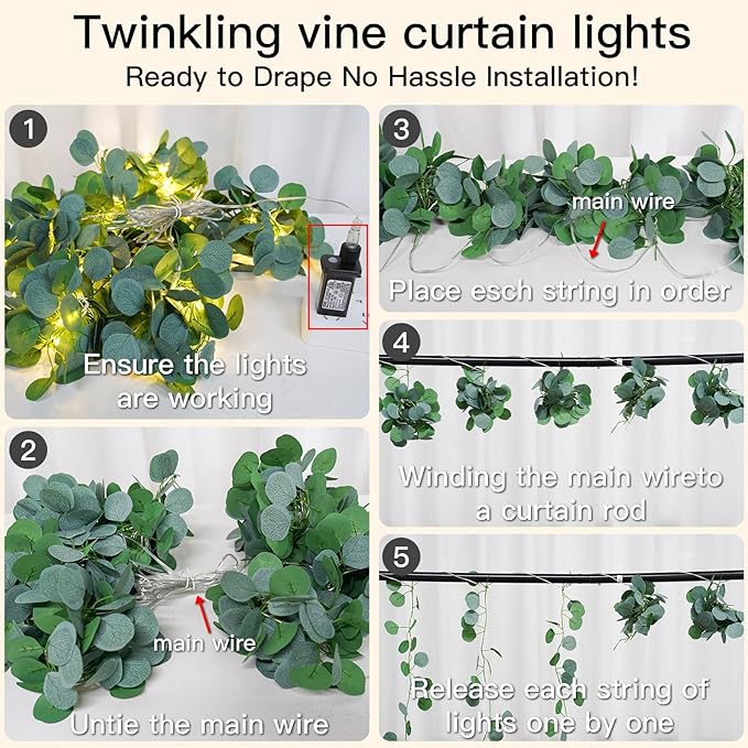 suddus 200 LED Vine with Light Plug in, 6.5ft x 6.5ft Eucalyptus Fairy Curtain Lights with Remote, Leaf Fairy Lights for Wall,Bedroom, Dorm, Wedding, Party, Indoor Decor(Warm White)