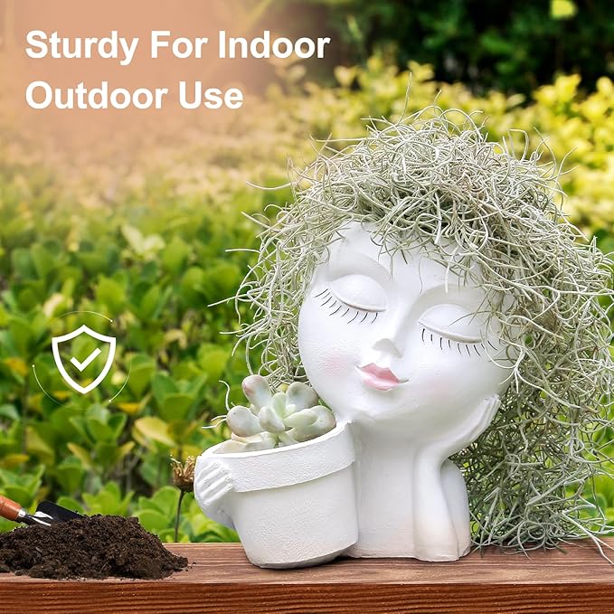 vomiceak Face Planter Pots Head, Planters for Indoor Plants - Double Cute Plant Pots for Flower & Succulent with Drainage Holes - Ideal Present Ideas (White Lady)