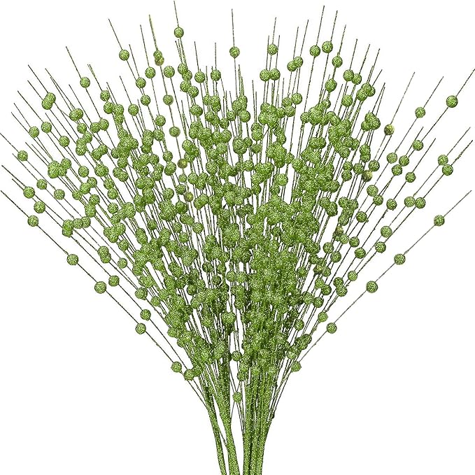 Artificial Glitter Berry Stem Ornaments, Fake Christmas Picks Decorative 17 inches Glitter Bead Sticks for Christmas Tree DIY Wreath Crafts Vase Gift Fireplace Holiday Home Decor - Green 10 Pack