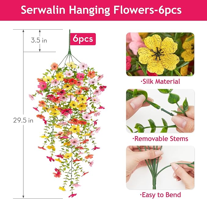 Serwalin 6PCS Artificial Fall Flowers for Outdoors Decoration, Realistic Silk Artificial Fall Hanging Flowers for Patio, Garden, Porch, Window, Outside (Multicolor,6PCS)