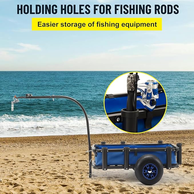 Beach Fishing Cart, 13" Big Wheels Black PU Solid Balloon Tires for Sand, Fishing Wagon Cart Large Capacity with 32-1/4" L x 16" W Liner and PP Plate, Heavy Duty Surf Cart w/Bicycle Hitch
