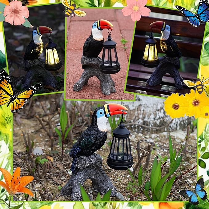 Spring Toucan Garden Statues Decor, Solar Waterproof 9.5" Colorful Tropical Bird Sculpture with LED Lights Funny Garden Outdoor Exotic Bird Sculpture Decoration for Lawn Porch Yard Patio Tiki Bar