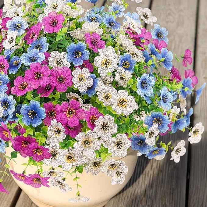 Artificial Spring Flowers Outdoors UV Resistant Plastic Flowers Outdoors Faux Flowers Fake Plants Outside for Garden Porch Planters Silk Flowers Daisy Decor, 6 Bundles (Mix White Blue Purple)