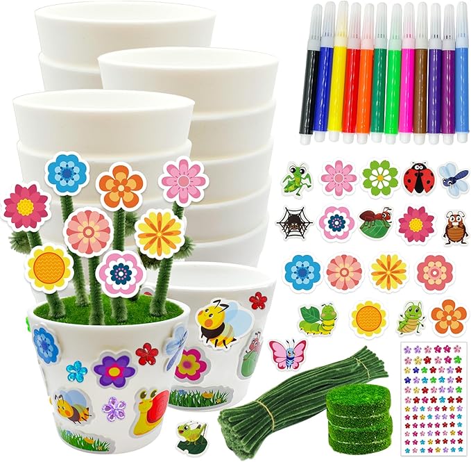 Cinrobiye 24 Set Garden Plastic Pot Craft Kit，DIY Flower Plant Crafts with Adhesive Foam Stickers, Pipe Cleaners, Flower Growing Kit for Spring & Summer, Home & School Creative Art Project Activities