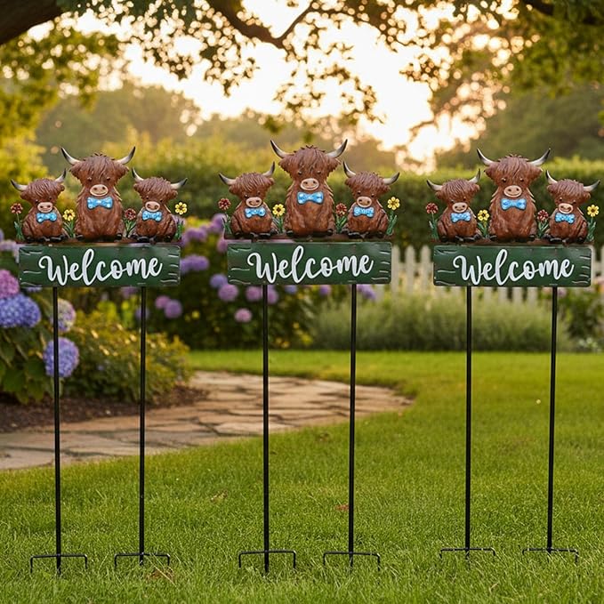 43.3inch Highland Cow Yard Stakes for Decorations Outdoor, Vintage Farmhouse Decorative Garden Stakes Large Metal Yard Art with Welcome Sign