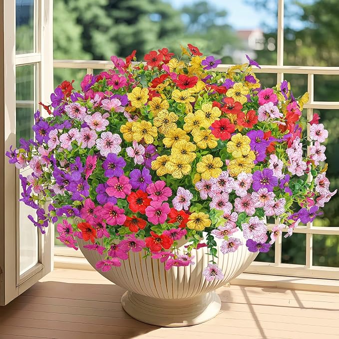 Besteek 20 Bundles Artificial Flowers for Outdoors Decoration Fake Silk Flowers UV Resistant Faux Plants Artificial Daisy Eucalyptus for Spring Summer Garden Yard Porch Window Home Decor, Mix Colors