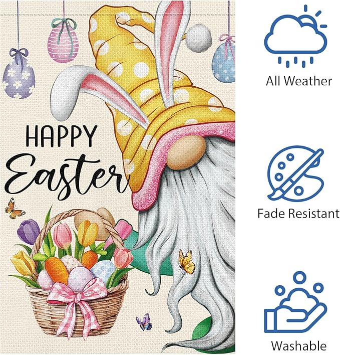 Heyfibro Happy Easter Gnome with Rabbit Ears Garden Flag 12x18 Double Sided Burlap, Funny Bunny Floral Small Yard Flag Easter Egg Banner for Easter Holiday Farmhouse Yard Outdoor Decor(ONLY FLAG)