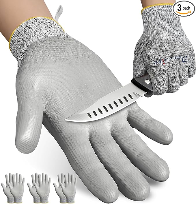 Dowellife 3 Pairs Level 5 Cut Resistant Work Gloves for Men and Women, PU Coated Breathable Gardening Gloves, Thin Flexible and Firm Grip for Mechanics and Fishing (Large, Grey)