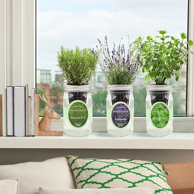 Environet Hydroponic Herb Growing Kit Set, Self-Watering Mason Jar Herb Garden Starter Kit Indoor, Windowsill Herbs Garden, Grow Your Own Herbs from Organic Seeds (Rosemary, Lavender, Oregano)
