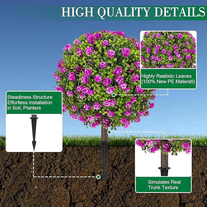 25" Artificial Boxwood Topiary Ball Trees with Purple RoseFlowers, Set of 2 UV Resistant No Fade Outdoor Faux Plants with Ground Spike, Fake Shrubs for Garden, Patio, Porch, Yard, Indoor