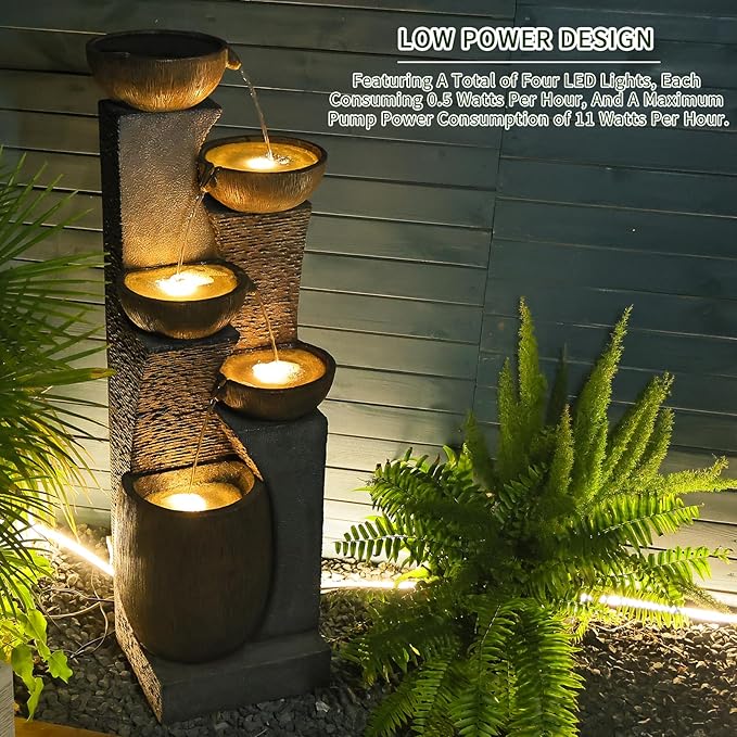 Outdoor Water Fountain - 51.4 Inches 5 Tired Modern Indoor Floor Standing Outdoors Fountains with Lights Pump for Garden Patio Backyard Porch Home Art Decor