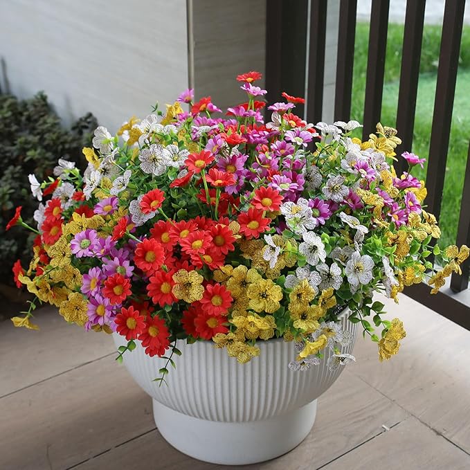 HIFORESTAR Artificial Outdoor Flowers 12 Bundles Spring Summer Silk Fake Plants Colorful Outside Realistic Wild Flower Plants Vibrant Durable Perfect Front Porch Planter Decoration (Multi Colour 1#)